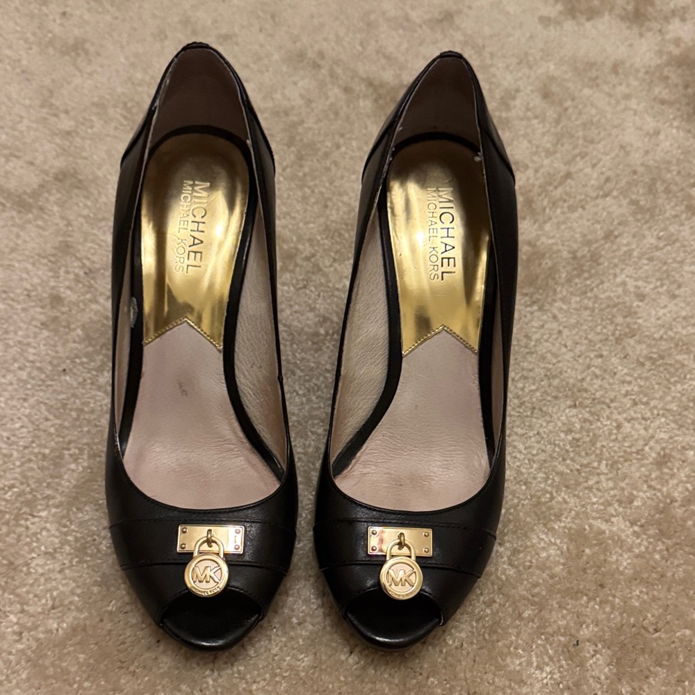 Michael Kors Black Peep Toe Heels with Gold Accent - Picture 3 of 7